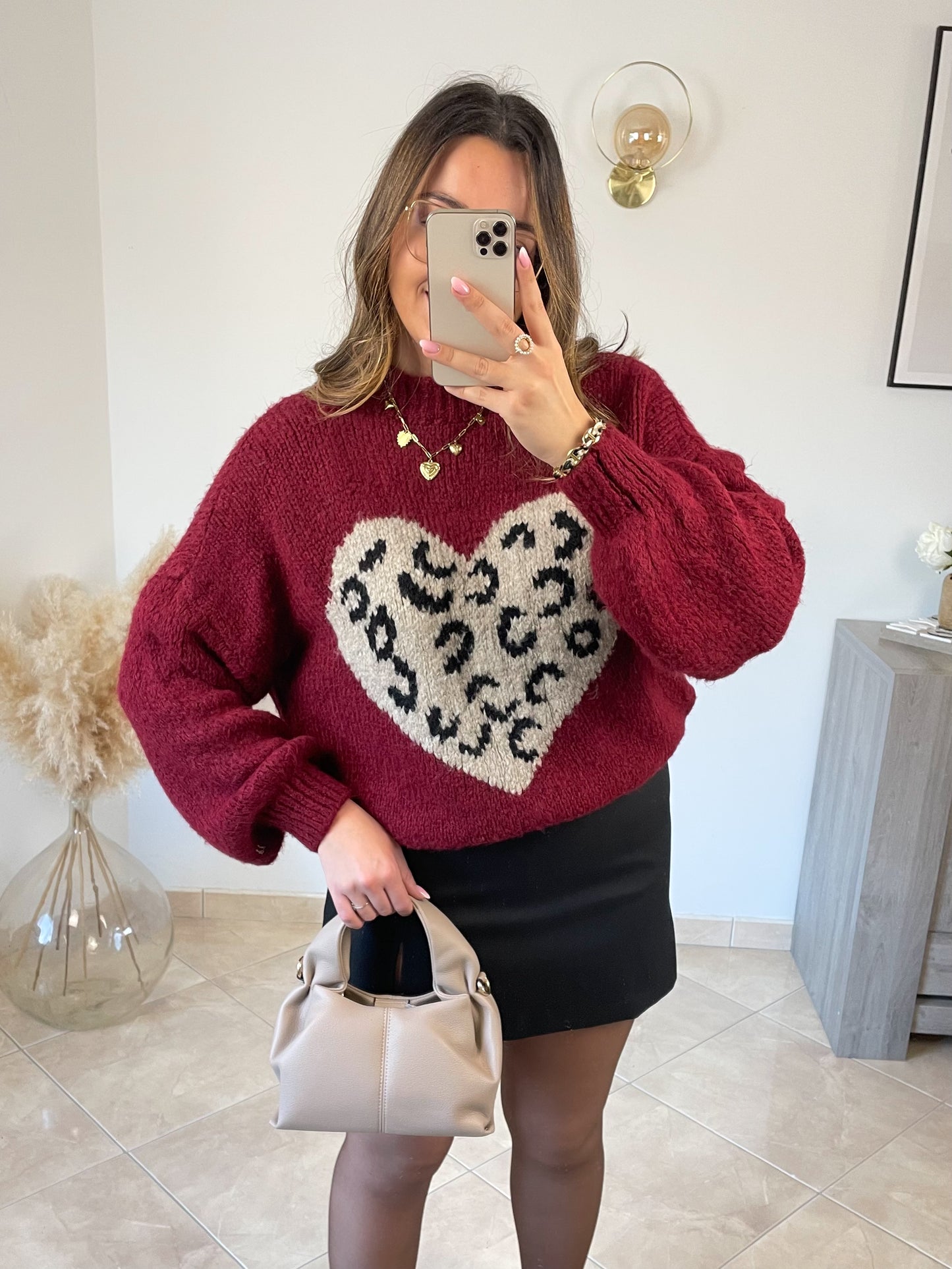 🟢 PULL COEUR - BORDEAUX